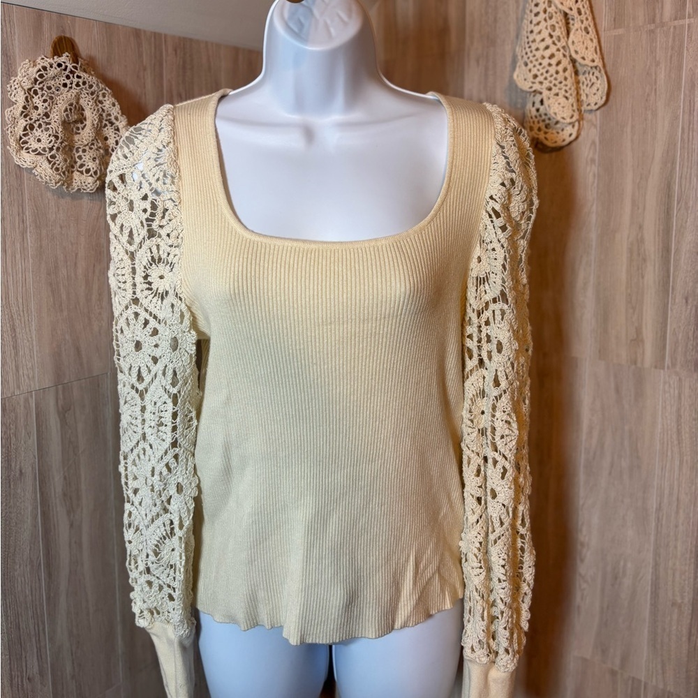 On Twelfth Cream Ribbed Top Crocheted Lace Sleeves